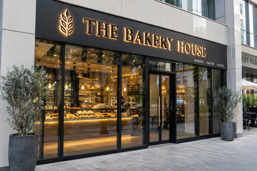 Bakery & caf&eacute; signage in Dubai: Halo-lit 3D letters and logo on a black fascia