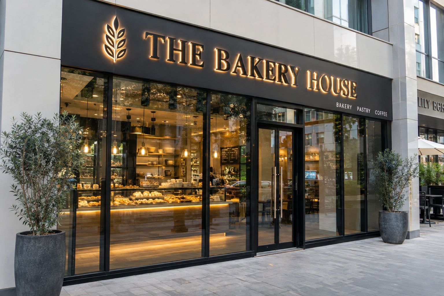 Halo-lit sign on a bakery shopfront