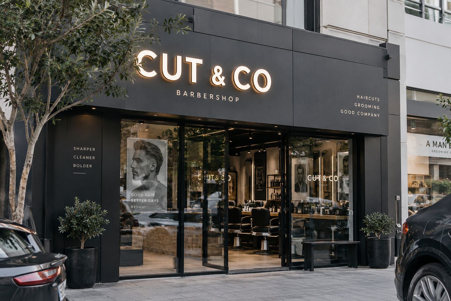 Illuminated shop sign on a Dubai barbershop