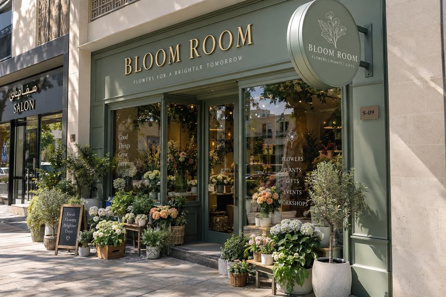 Florist shopfront signage in Dubai: Raised gold lettering on a painted fascia with a round projecting sign