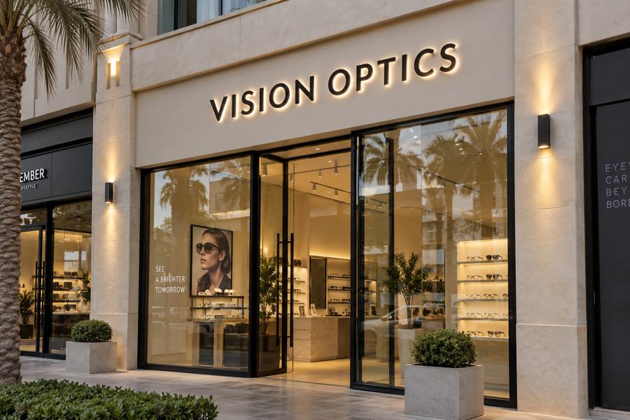 Optician signage in Dubai: Backlit 3D letters on a stone fascia