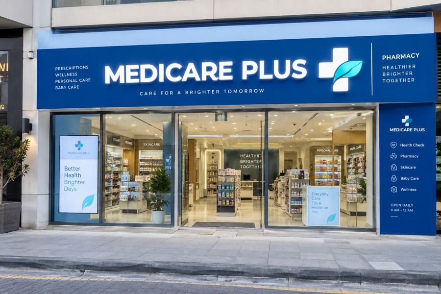 Pharmacy fascia signage in Dubai: Illuminated letters on a full-width fascia with a side information panel
